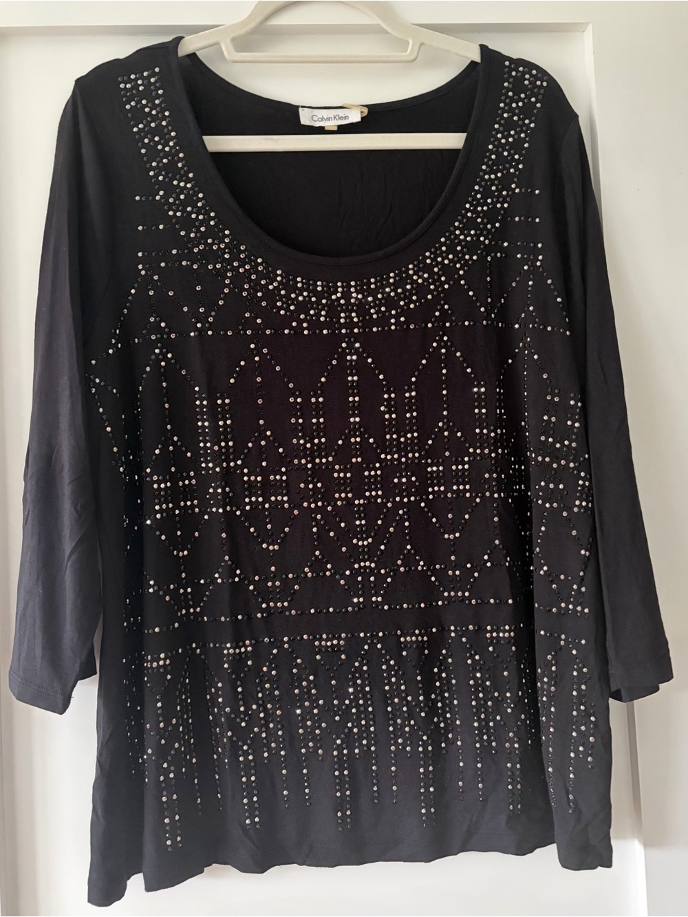 Calvin Klein Black Long Sleeve Scoop Neck Top with Stud Embellishments